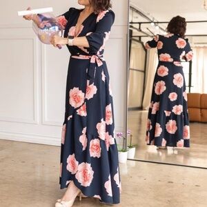 Bar III Floral Wrap Maxi Dress in Navy and Coral